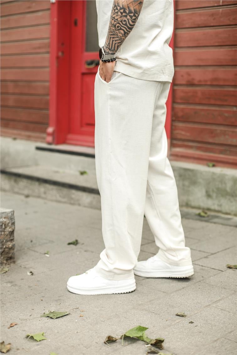 Basic Bel Bağlamalı Baggy Pantolon Ekru