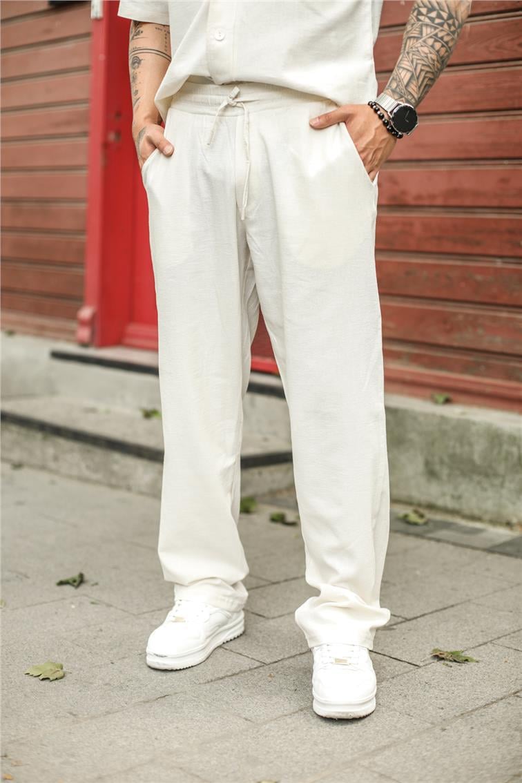 Basic Bel Bağlamalı Baggy Pantolon Ekru