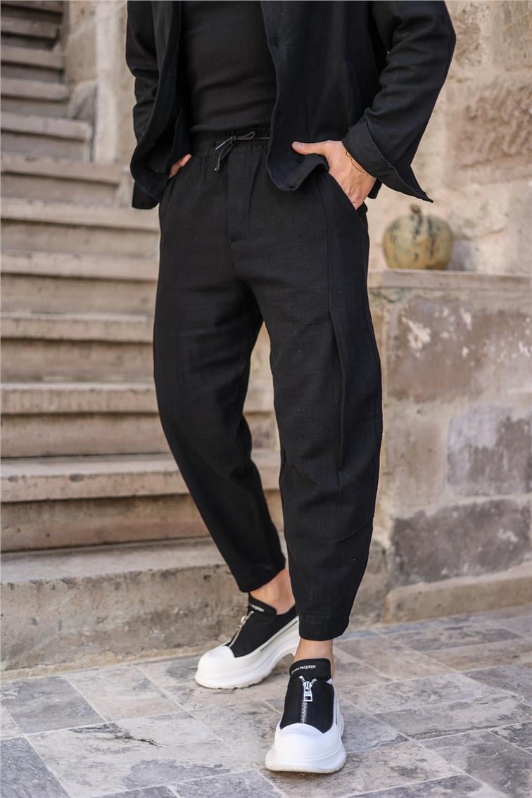 Basic Boyfriend Bel Bağlamalı Pantolon Siyah
