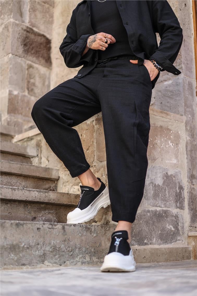 Basic Boyfriend Bel Bağlamalı Pantolon Siyah