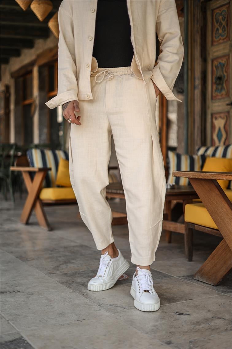 Basic Boyfriend Bel Bağlamalı Pantolon Ekru