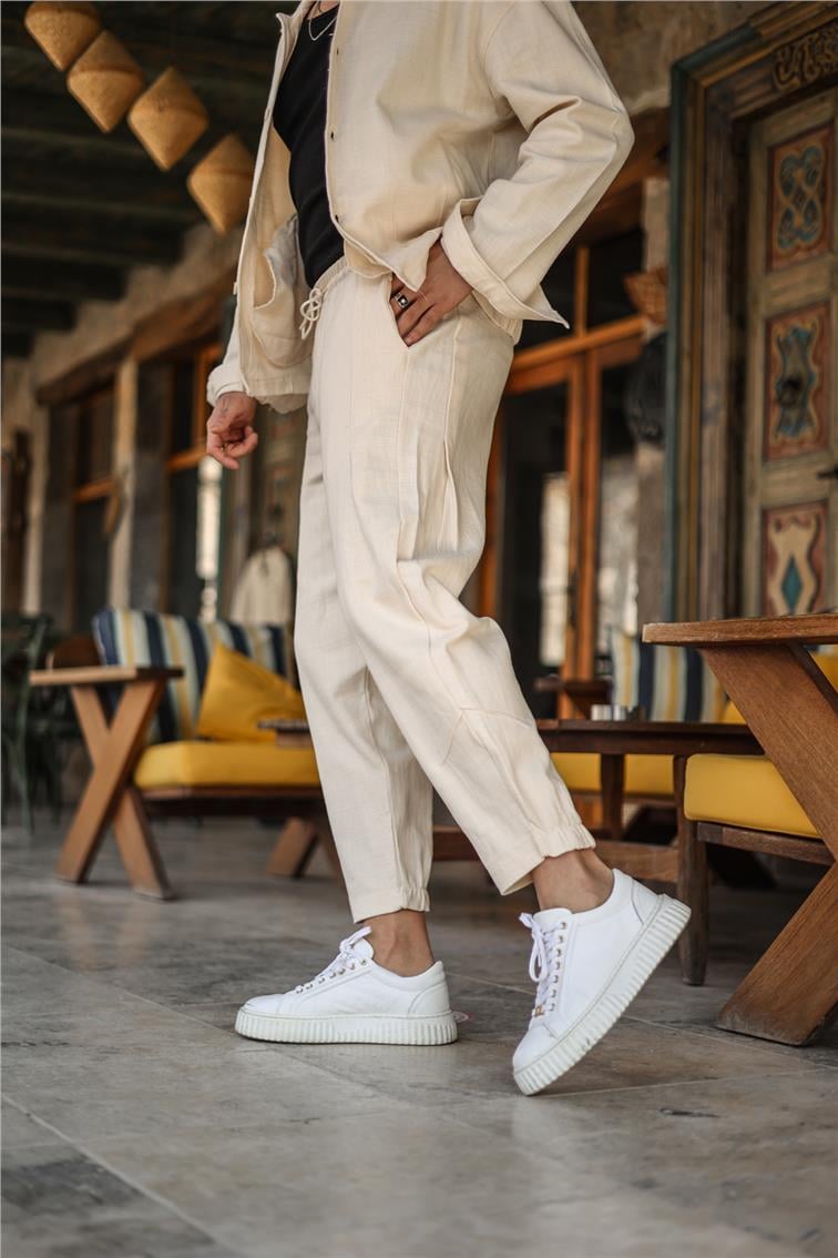 Basic Boyfriend Bel Bağlamalı Pantolon Ekru