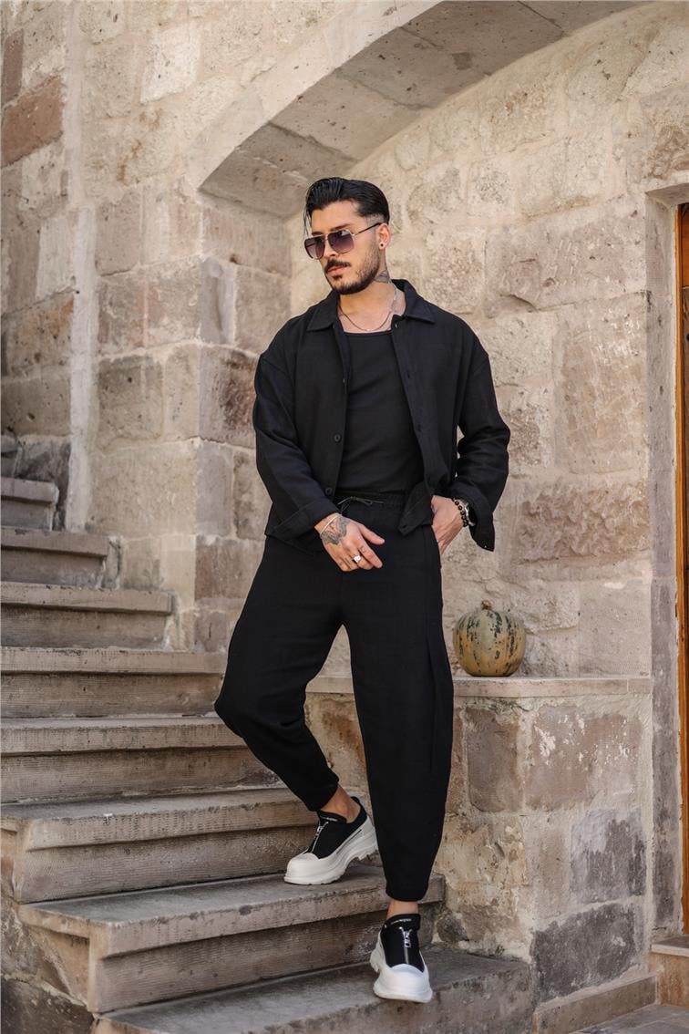 Basic Boyfriend Bel Bağlamalı Pantolon Siyah