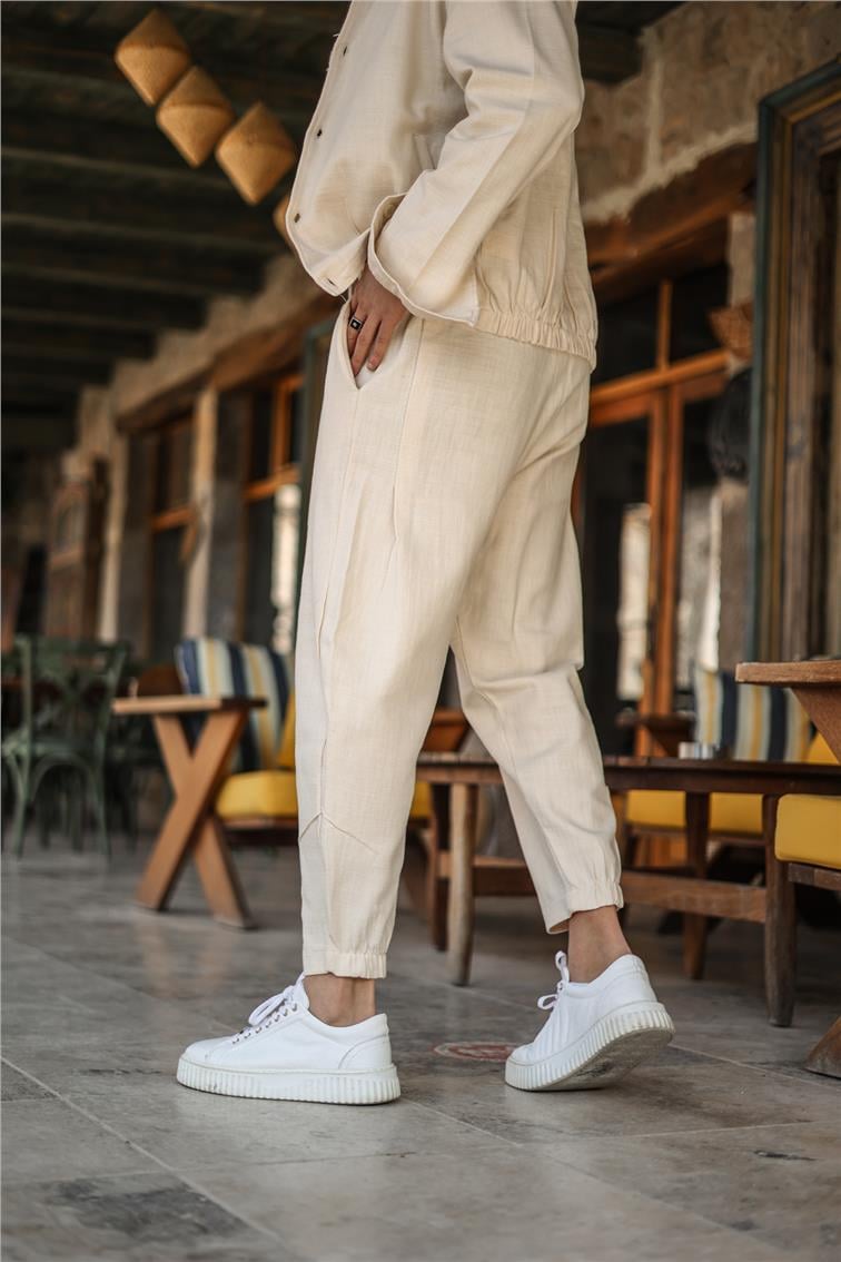 Basic Boyfriend Bel Bağlamalı Pantolon Ekru