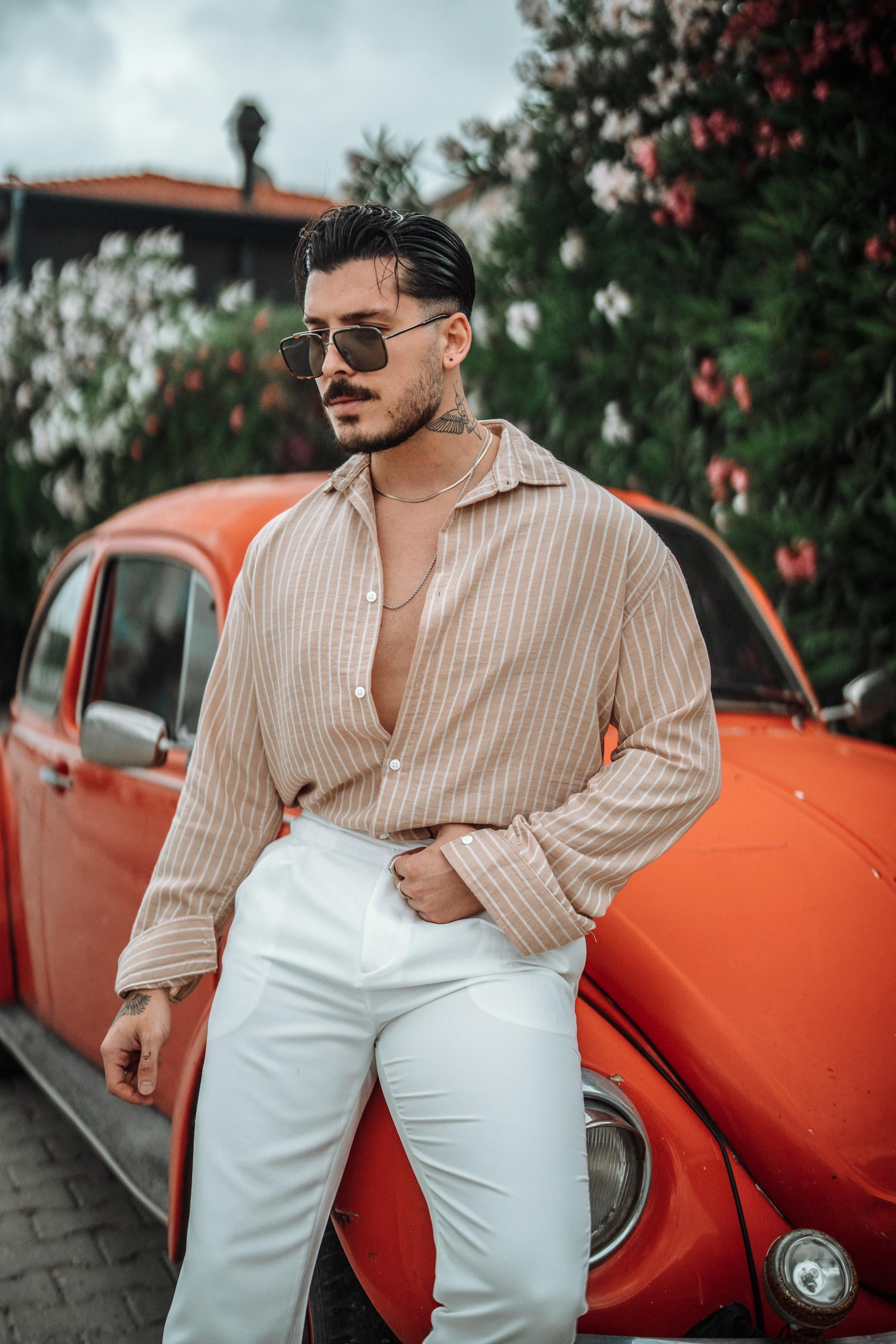 Basic Çizgili Gömlek Bej