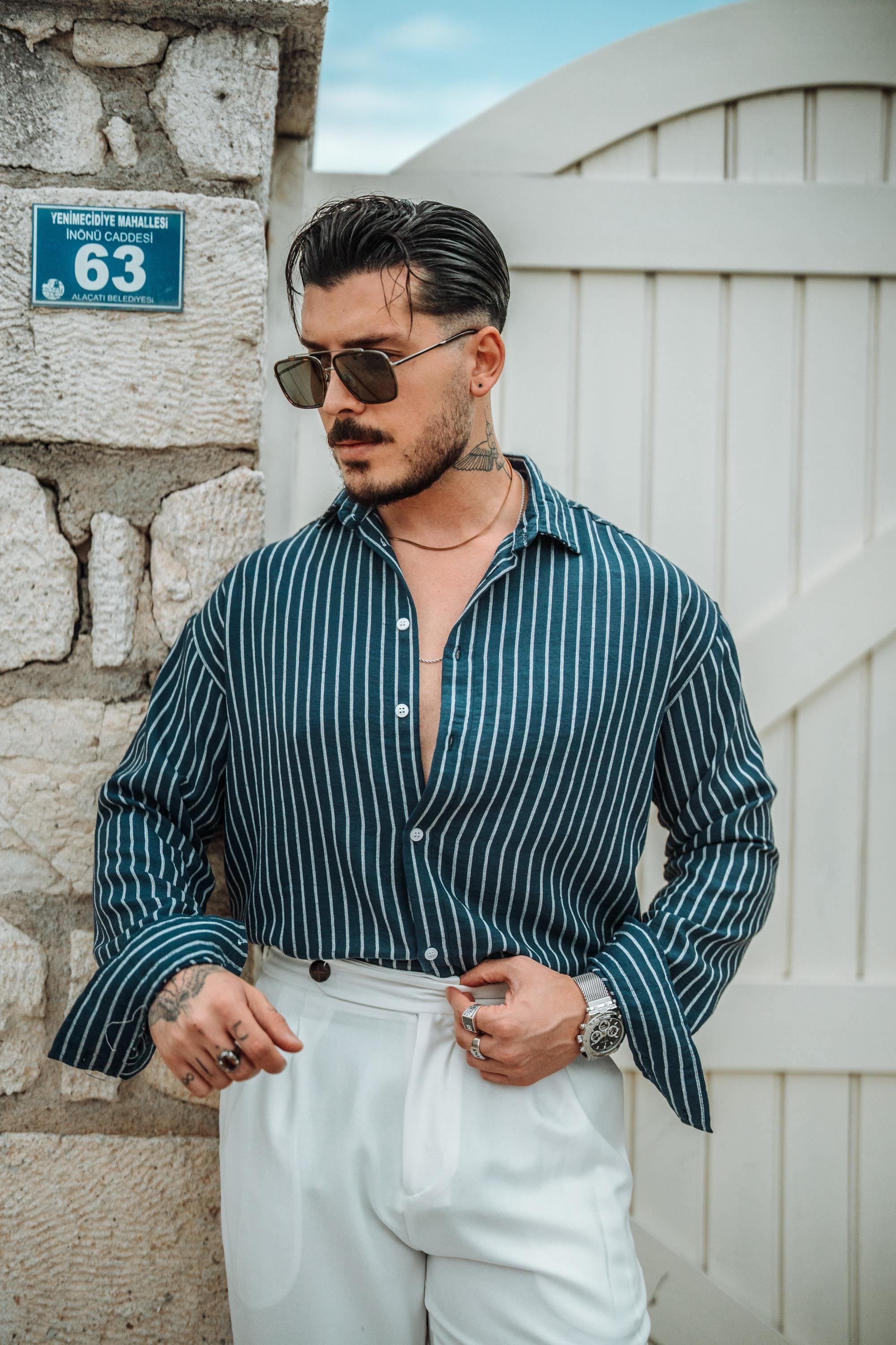 Basic Çizgili Gömlek Lacivert