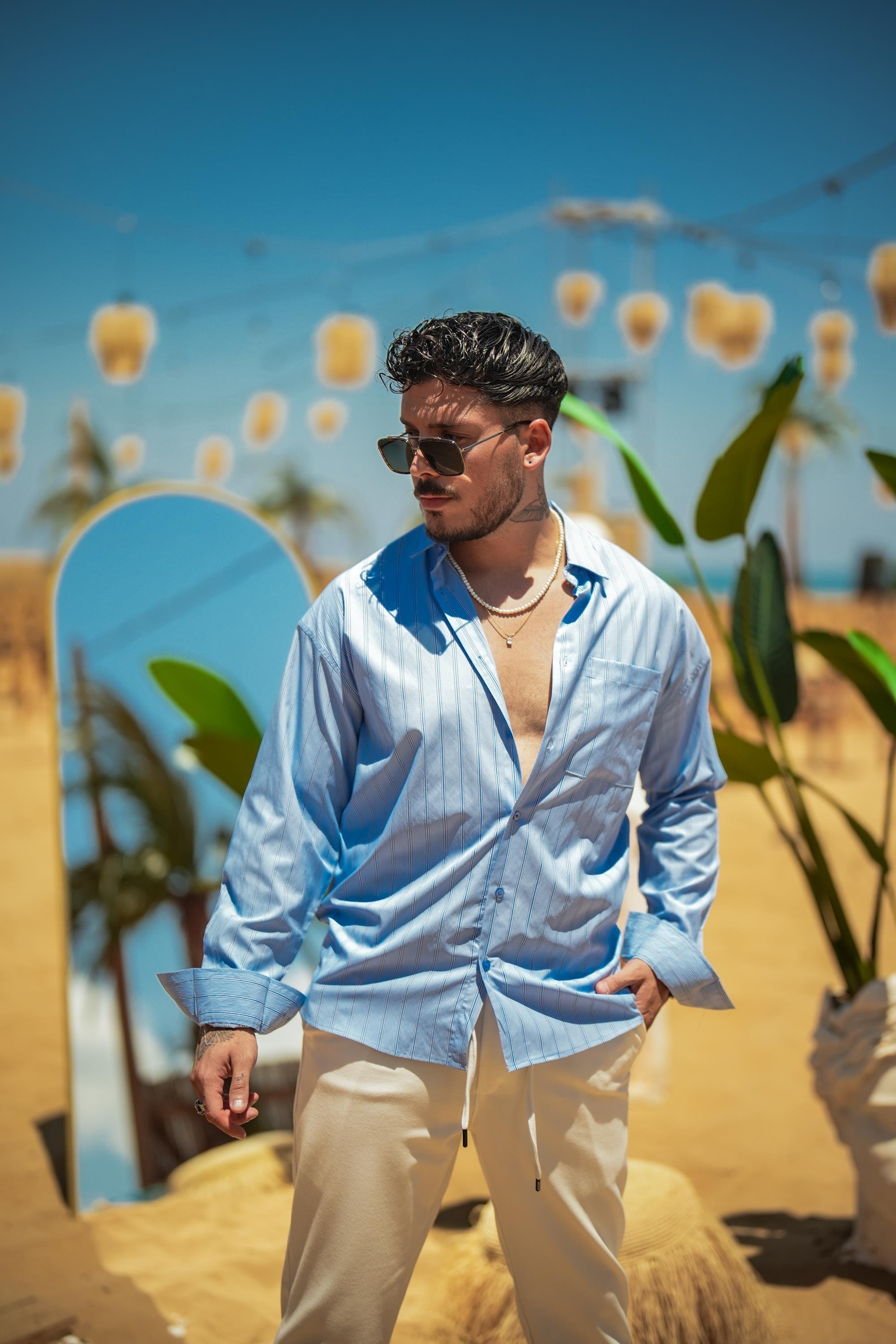 Basic Çizgili Oversize Gömlek Açık Mavi
