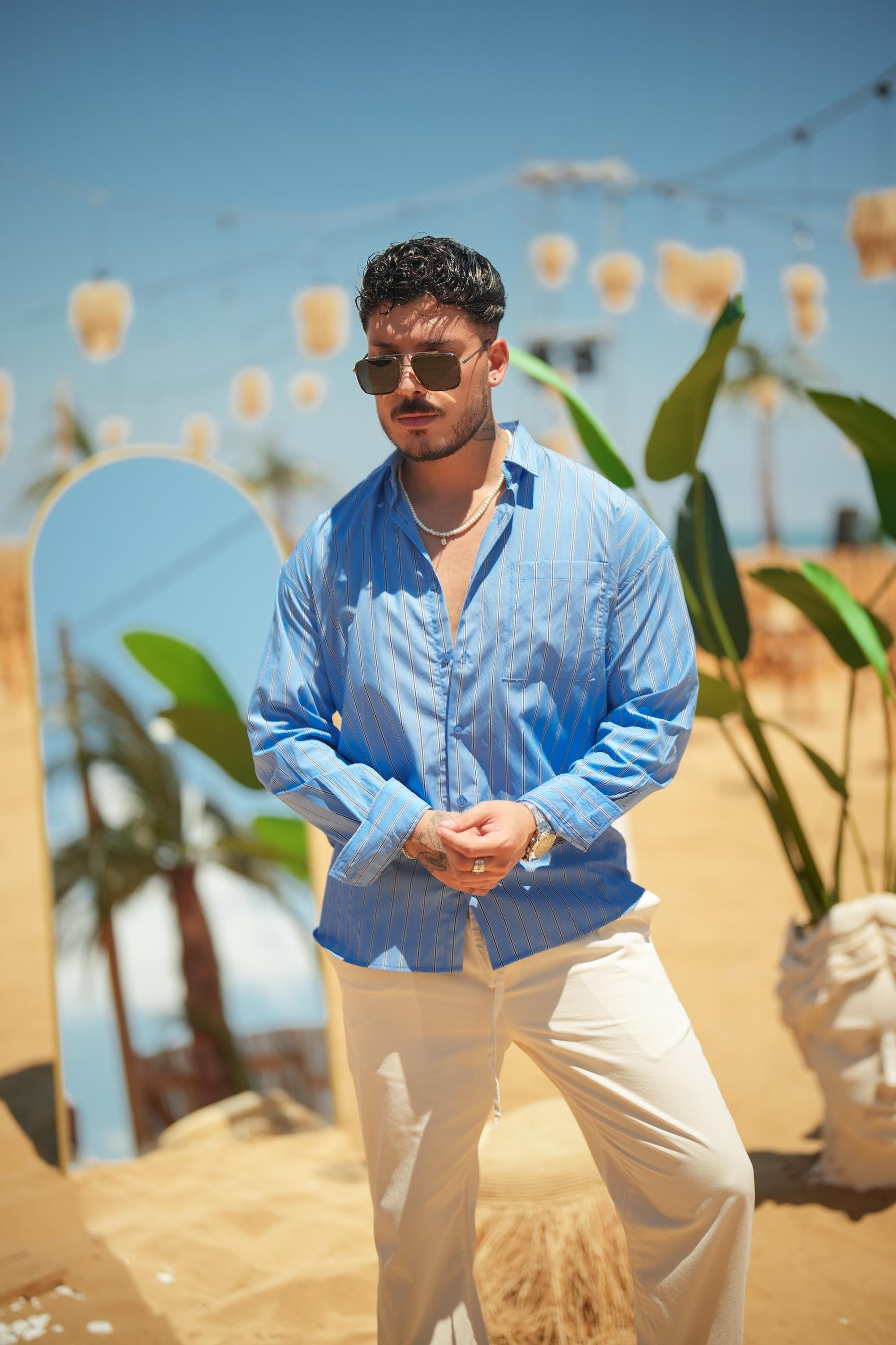 Basic Çizgili Oversize Gömlek Koyu Mavi