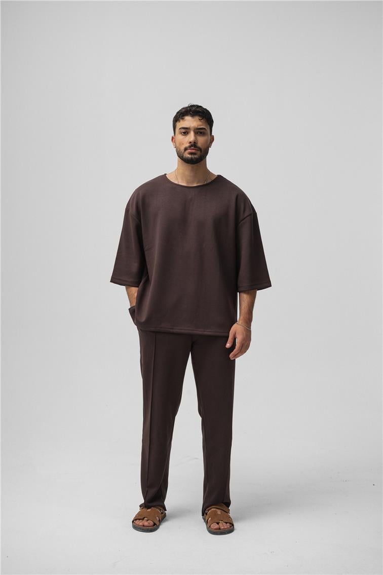 Basic Fakir Kol Oversize T-Shirt Kahve
