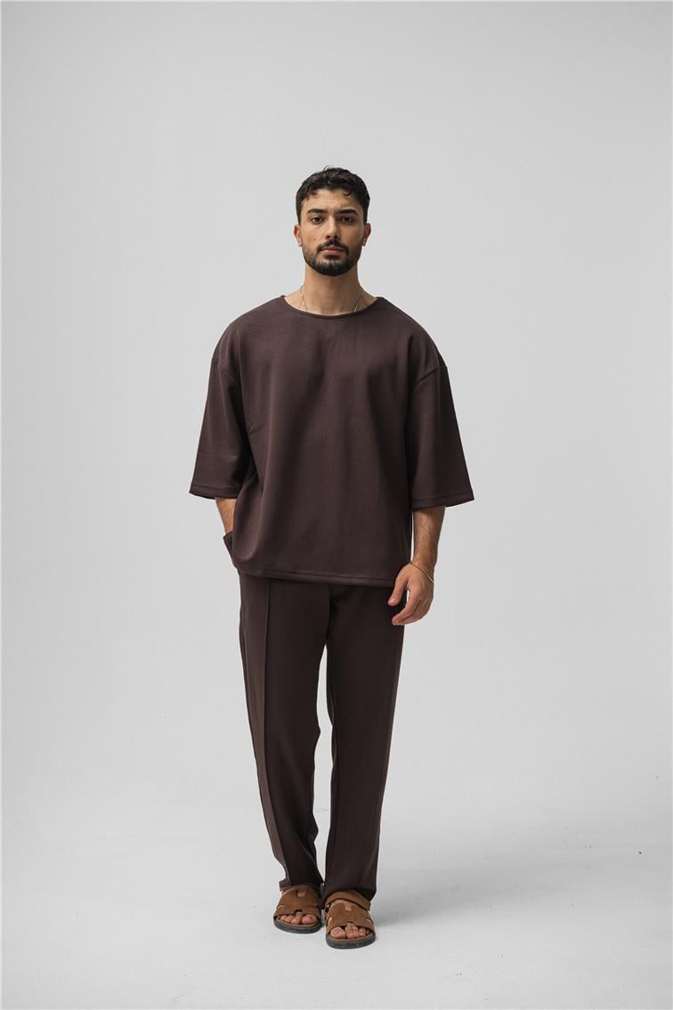 Basic Fakir Kol Oversize T-Shirt Kahve