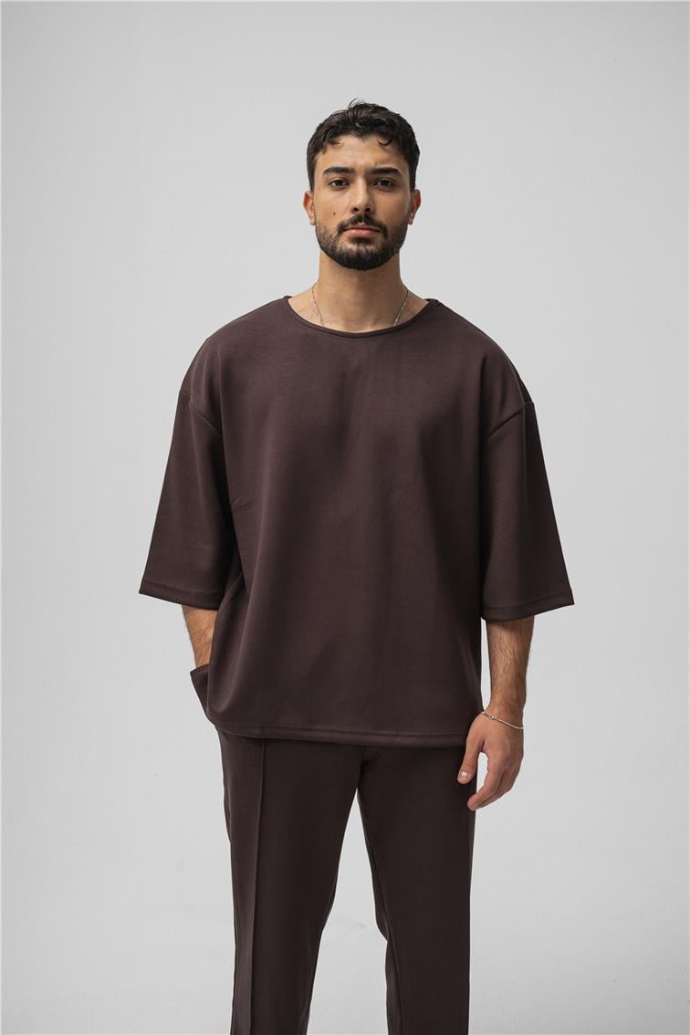 Basic Fakir Kol Oversize T-Shirt Kahve