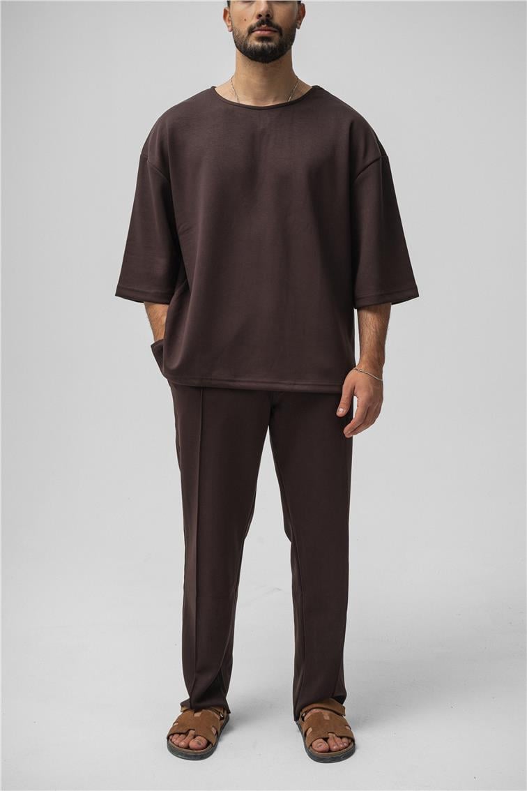 Basic Fakir Kol Oversize T-Shirt Kahve