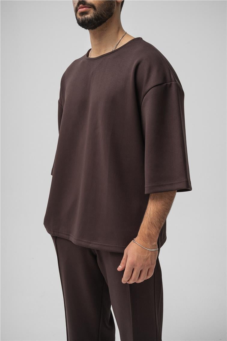 Basic Fakir Kol Oversize T-Shirt Kahve