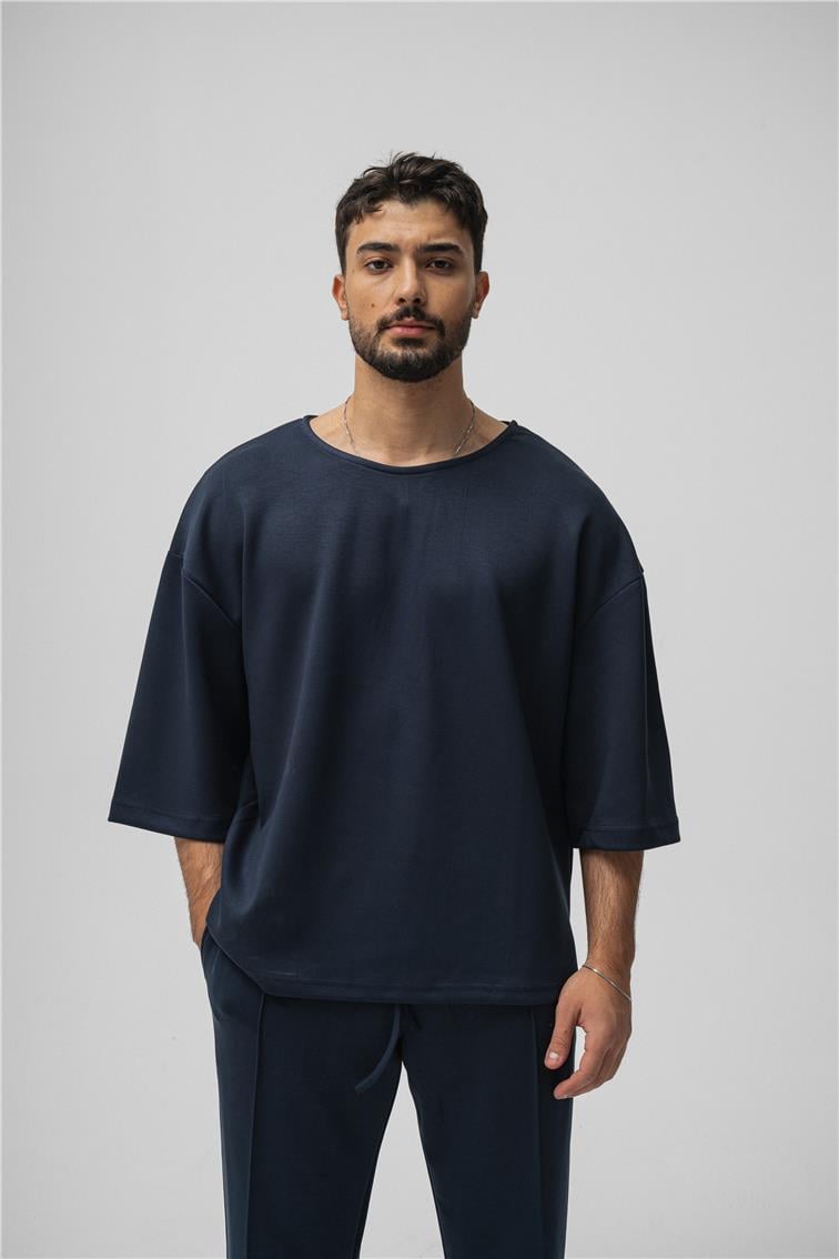Basic Fakir Kol Oversize T-Shirt Lacivert
