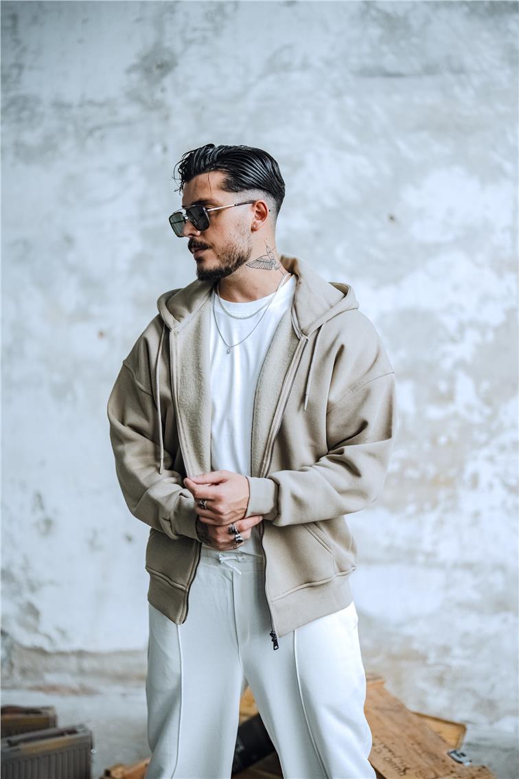 Basic Fermuarlı Hoodie Bej