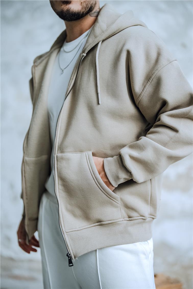 Basic Fermuarlı Hoodie Bej