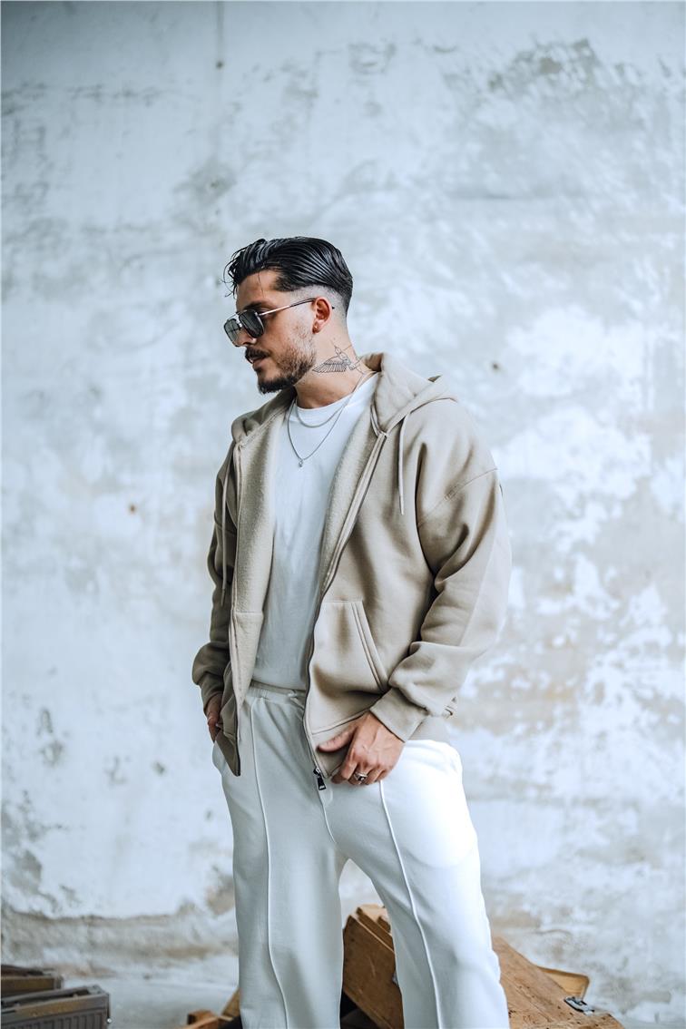 Basic Fermuarlı Hoodie Bej