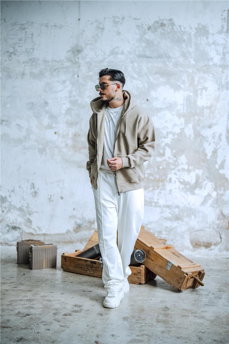 Basic Fermuarlı Hoodie Bej