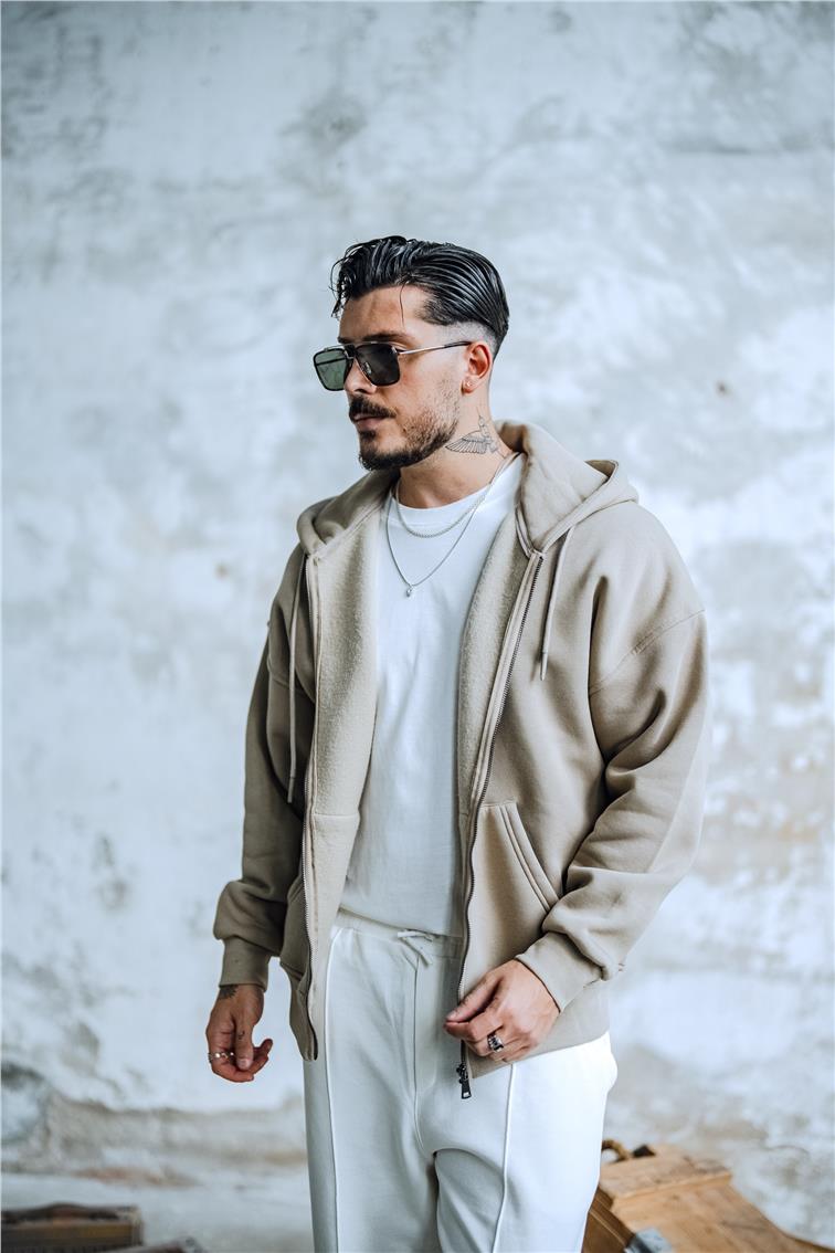 Basic Fermuarlı Hoodie Bej