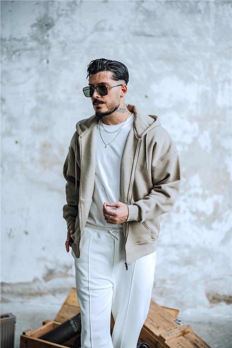Basic Fermuarlı Hoodie Bej
