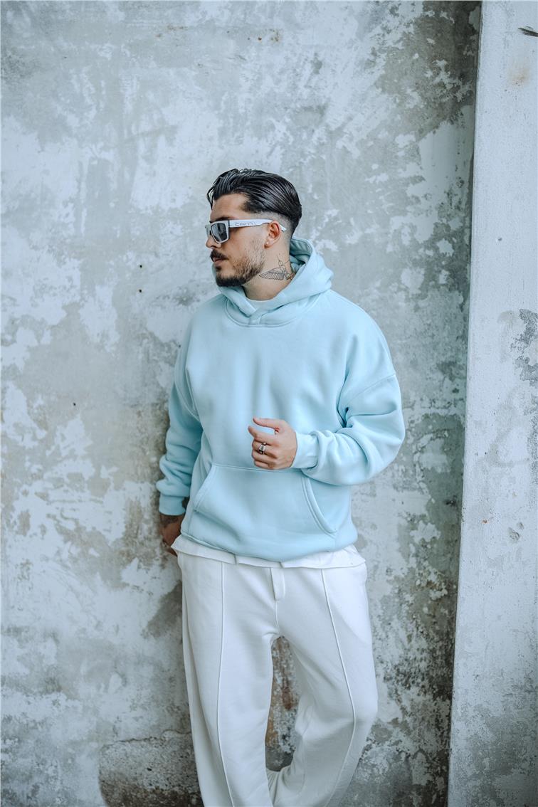 Basic Kapüşonlu Oversize Hoodie Bebe Mavisi