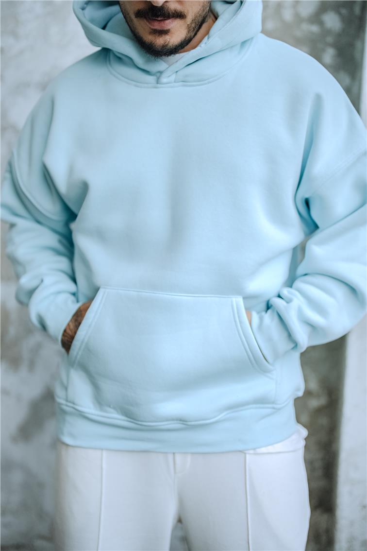 Basic Kapüşonlu Oversize Hoodie Bebe Mavisi