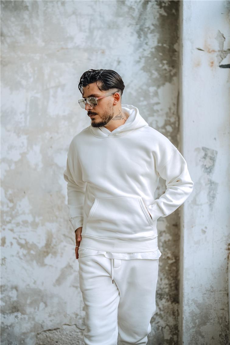 Basic Kapüşonlu Oversize Hoodie Beyaz