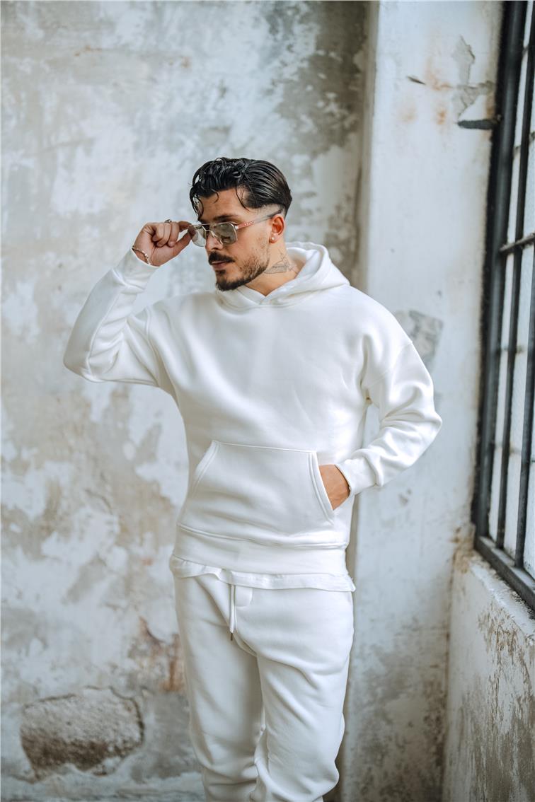 Basic Kapüşonlu Oversize Hoodie Beyaz
