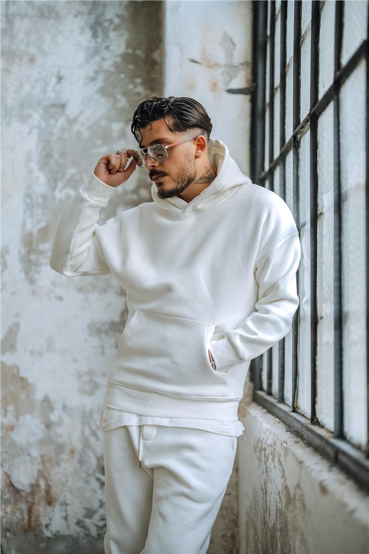 Basic Kapüşonlu Oversize Hoodie Beyaz