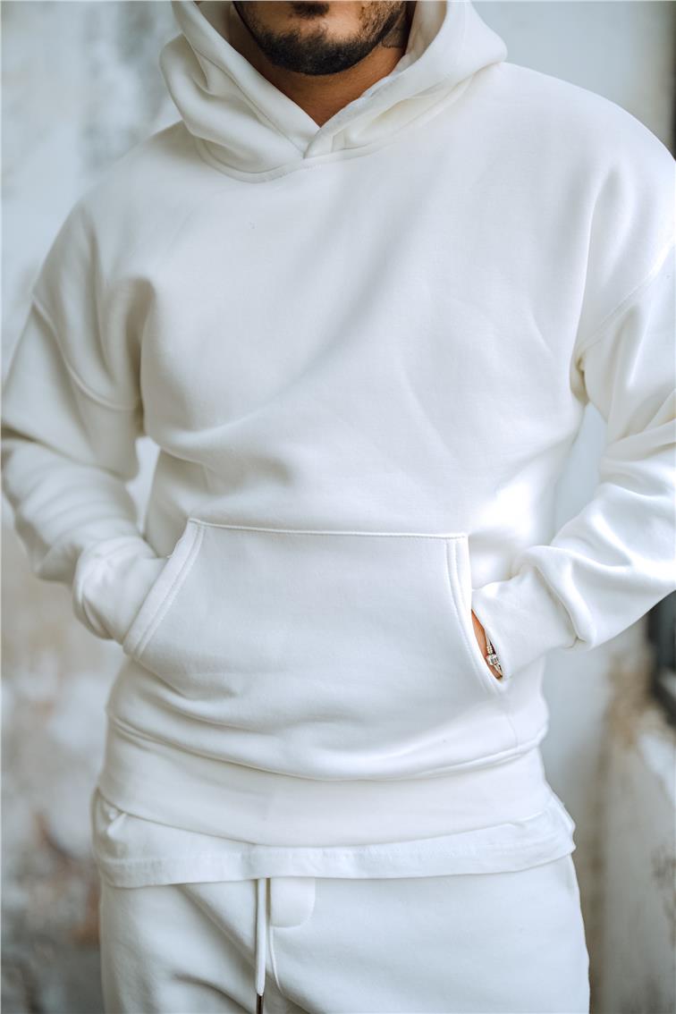 Basic Kapüşonlu Oversize Hoodie Beyaz
