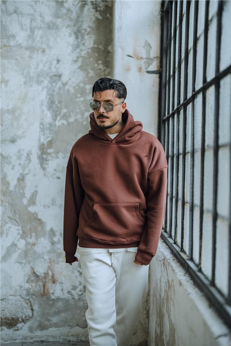 Basic Kapüşonlu Oversize Hoodie Kahve