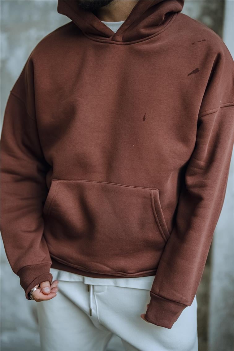 Basic Kapüşonlu Oversize Hoodie Kahve