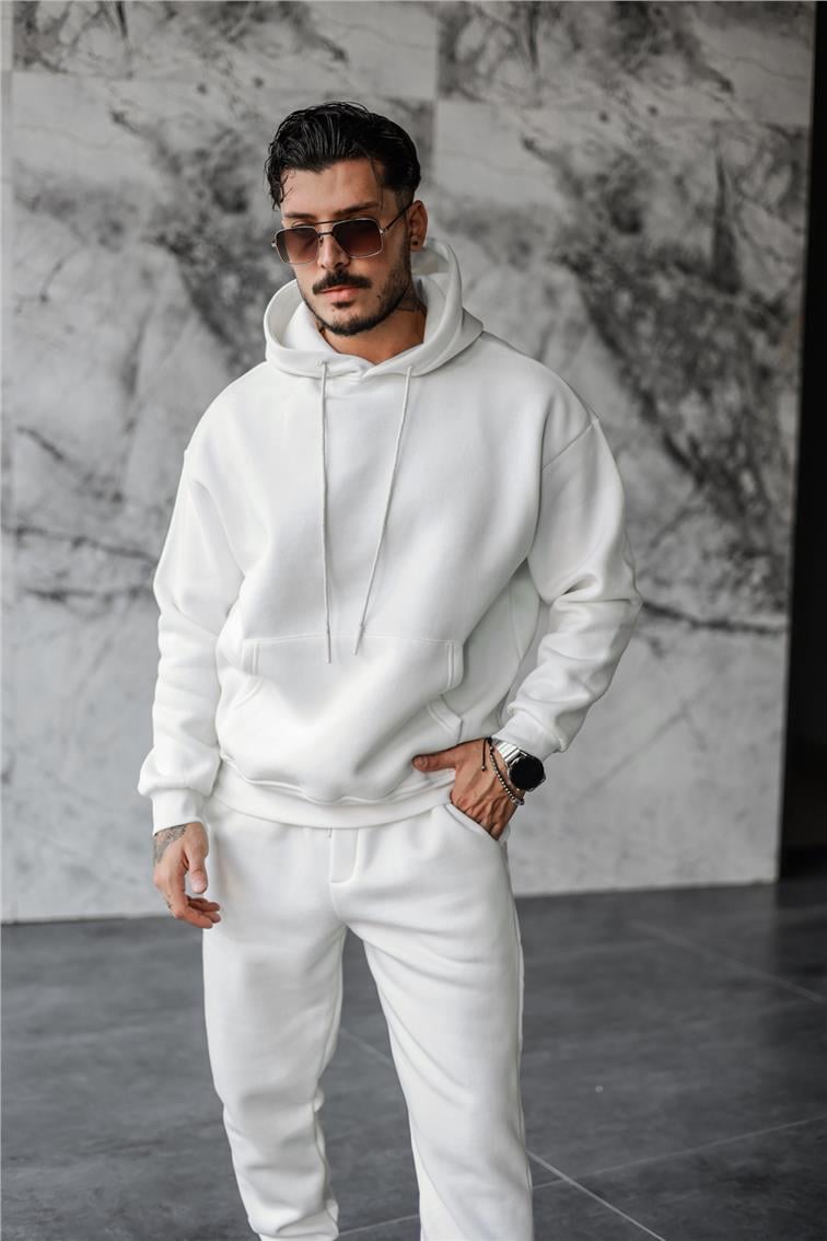 Basic Kapüşonlu Oversize Sweatshirt Beyaz