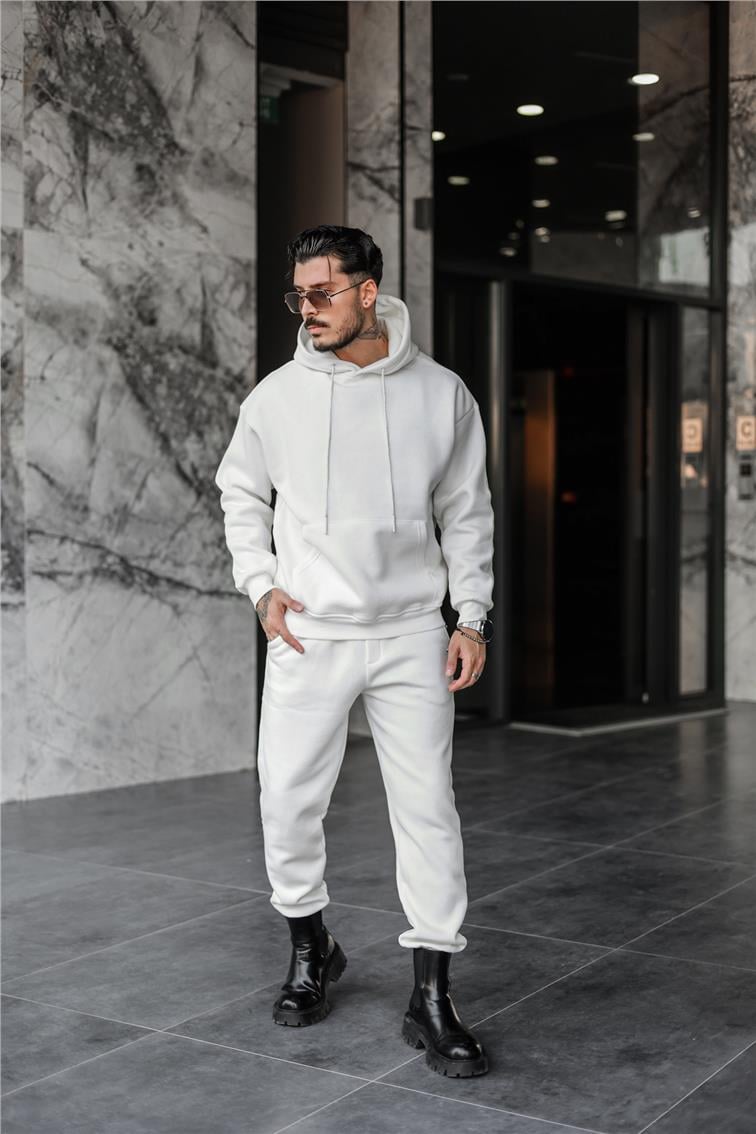 Basic Kapüşonlu Oversize Sweatshirt Beyaz