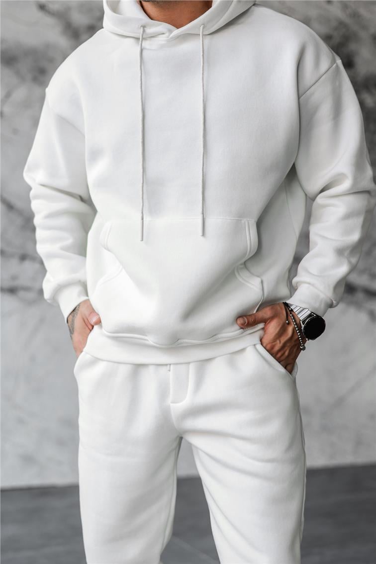 Basic Kapüşonlu Oversize Sweatshirt Beyaz