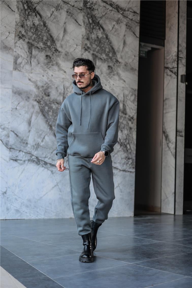 Basic Kapüşonlu Oversize Sweatshirt Füme