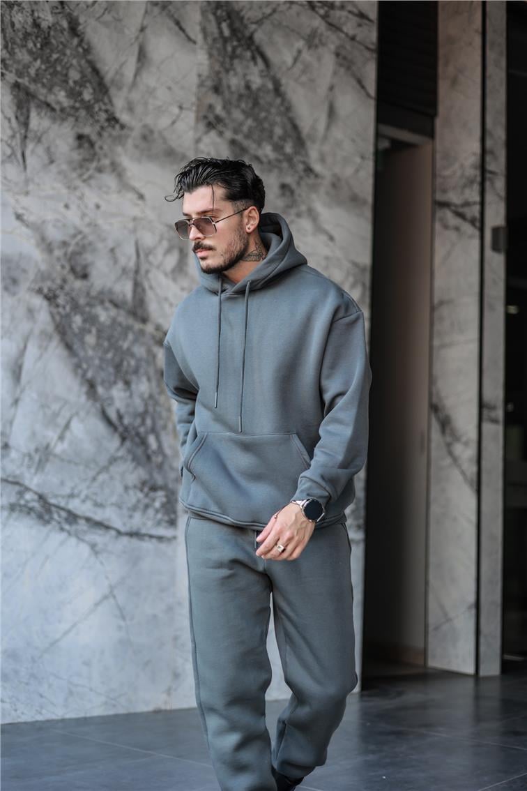 Basic Kapüşonlu Oversize Sweatshirt Füme