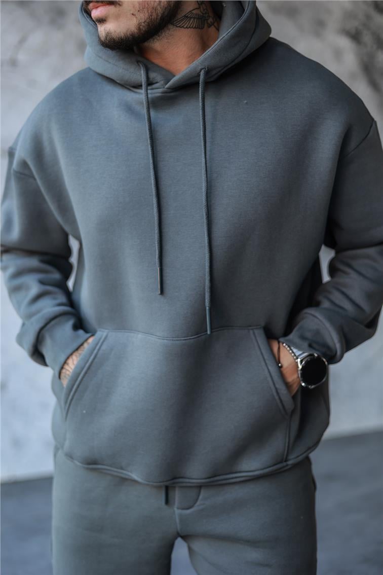Basic Kapüşonlu Oversize Sweatshirt Füme