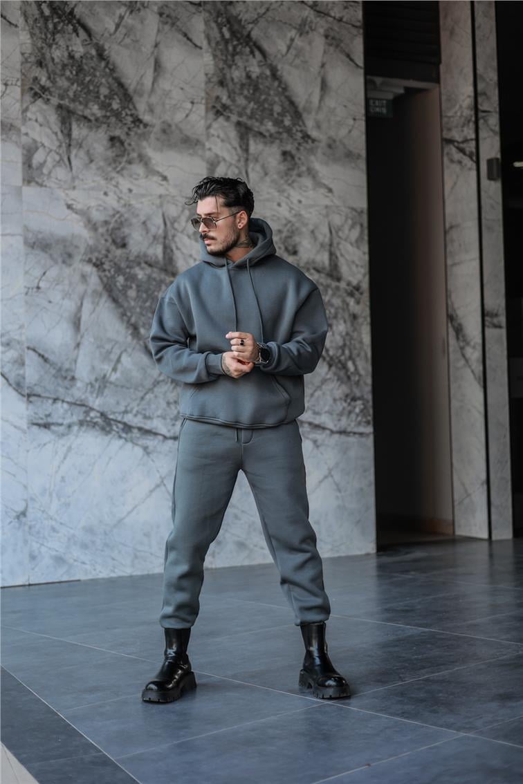 Basic Kapüşonlu Oversize Sweatshirt Füme