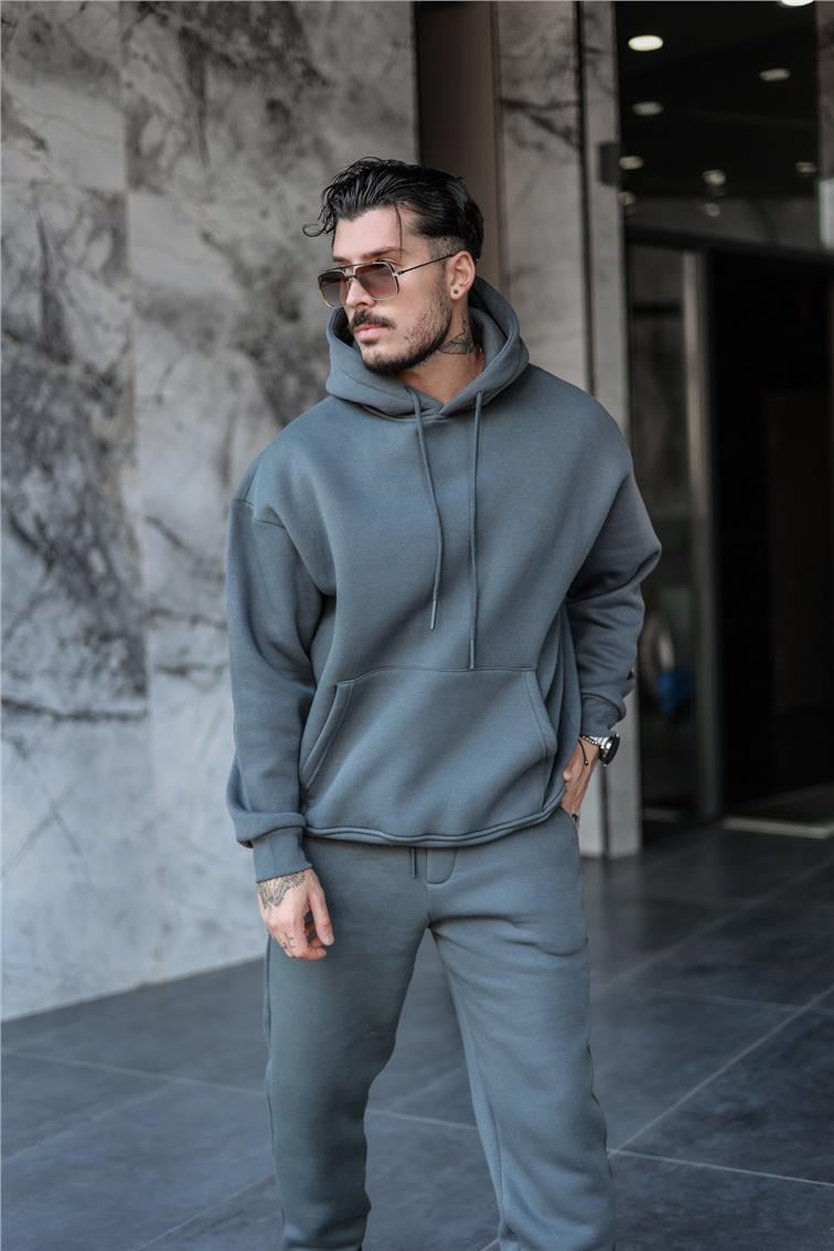 Basic Kapüşonlu Oversize Sweatshirt Füme