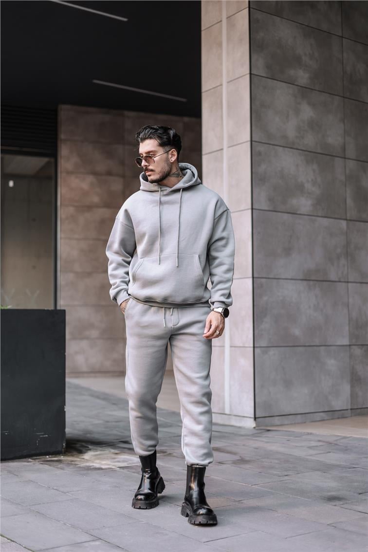 Basic Kapüşonlu Oversize Sweatshirt Gri