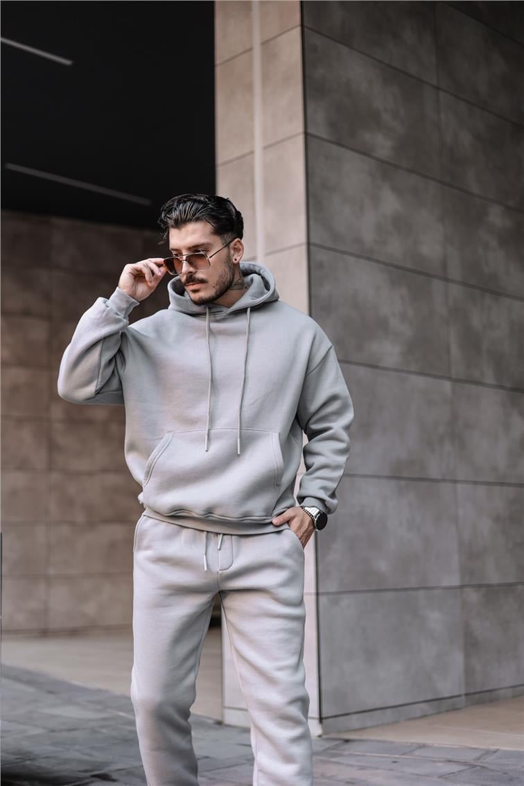 Basic Kapüşonlu Oversize Sweatshirt Gri