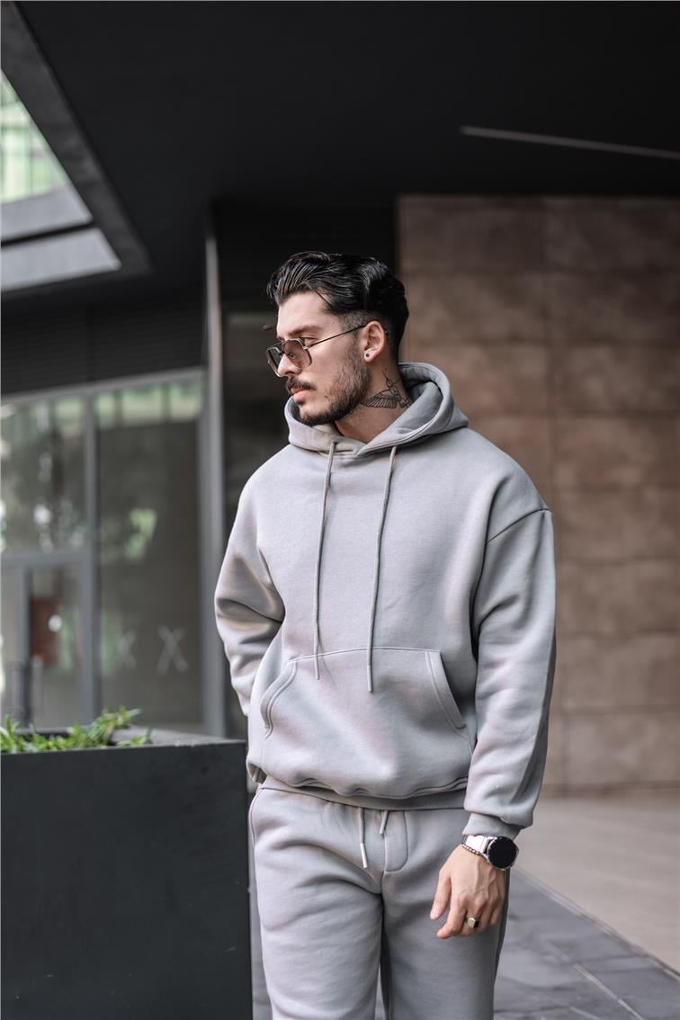 Basic Kapüşonlu Oversize Sweatshirt Gri