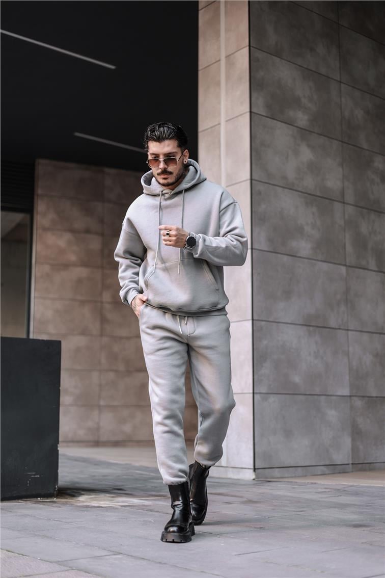 Basic Kapüşonlu Oversize Sweatshirt Gri