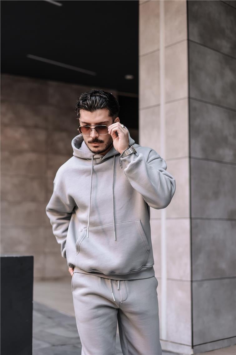 Basic Kapüşonlu Oversize Sweatshirt Gri