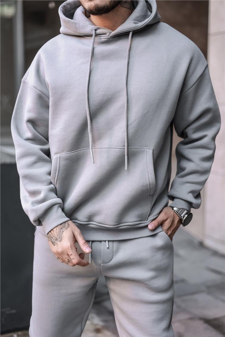 Basic Kapüşonlu Oversize Sweatshirt Gri