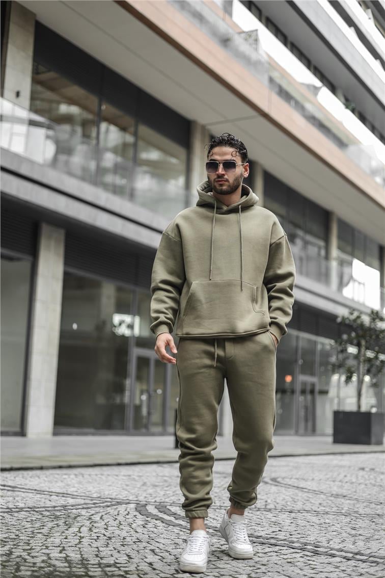 Basic Kapüşonlu Oversize Sweatshirt Haki