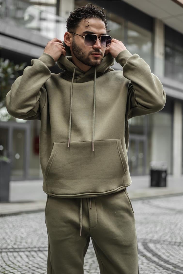 Basic Kapüşonlu Oversize Sweatshirt Haki