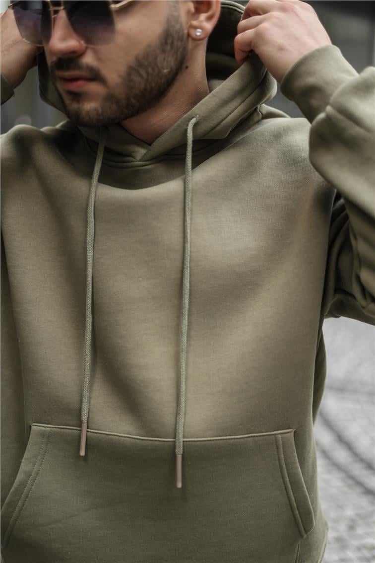 Basic Kapüşonlu Oversize Sweatshirt Haki