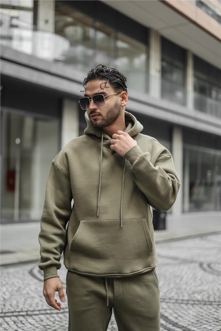 Basic Kapüşonlu Oversize Sweatshirt Haki